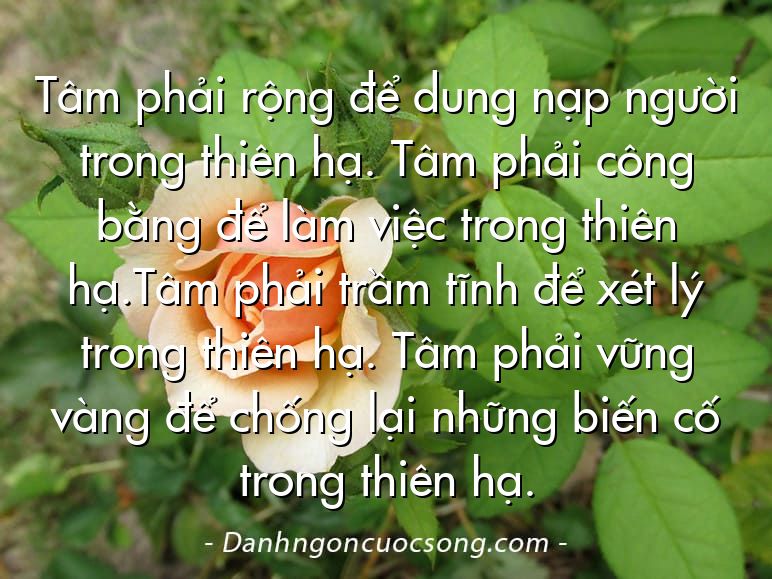 Tâm phải rộng để dung nạp người trong thiên hạ. Tâm phải công bằng để làm việc trong thiên hạ.Tâm phải trầm tĩnh để xét lý trong thiên hạ. Tâm phải vững vàng để chống lại những biến cố trong thiên hạ.