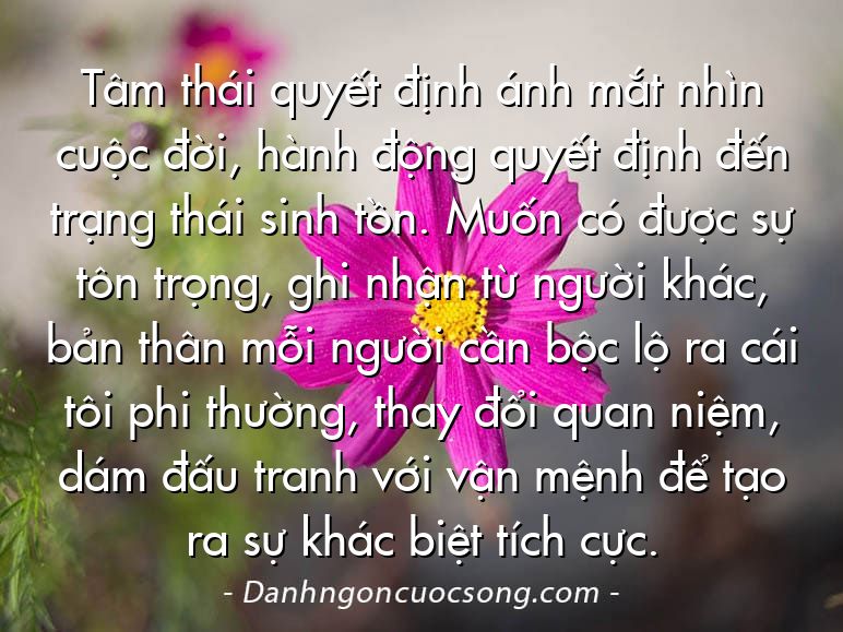Tâm thái quyết định ánh mắt nhìn cuộc đời, hành động quyết định đến trạng thái sinh tồn. Muốn có được sự tôn trọng, ghi nhận từ người khác, bản thân mỗi người cần bộc lộ ra cái tôi phi thường, thay đổi quan niệm, dám đấu tranh với vận mệnh để tạo ra sự khác biệt tích cực.