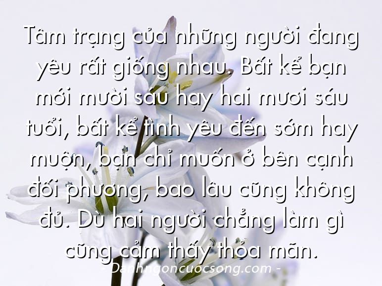Tâm trạng của những người đang yêu rất giống nhau. Bất kể bạn mới mười sáu hay hai mươi sáu tuổi, bất kể tình yêu đến sớm hay muộn, bạn chỉ muốn ở bên cạnh đối phương, bao lâu cũng không đủ. Dù hai người chẳng làm gì cũng cảm thấy thỏa mãn.