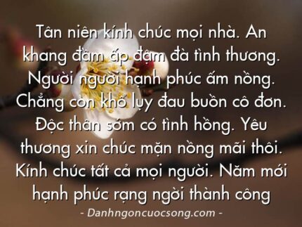 Tân niên kính chúc mọi nhà. An khang đầm ấp đậm đà tình thương. Người người hạnh phúc ấm nồng. Chẳng còn khổ lụy đau buồn cô đơn. Độc thân sớm có tình hồng. Yêu thương xin chúc mặn nồng mãi thôi. Kính chúc tất cả mọi người. Năm mới hạnh phúc rạng ngời thành công