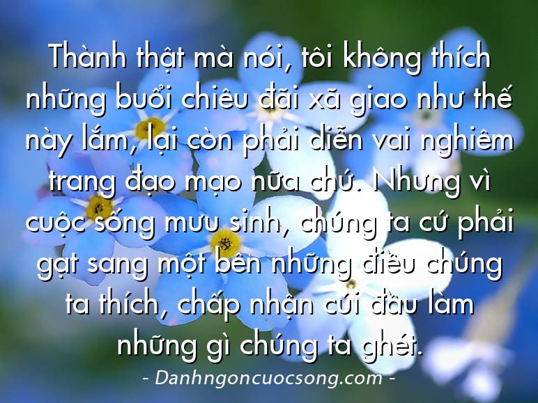 Thành thật mà nói, tôi không thích những buổi chiêu đãi xã giao như thế này lắm, lại còn phải diễn vai nghiêm trang đạo mạo nữa chứ. Nhưng vì cuộc sống mưu sinh, chúng ta cứ phải gạt sang một bên những điều chúng ta thích, chấp nhận cúi đầu làm những gì chúng ta ghét.