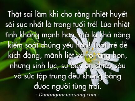 Thật sai lầm khi cho rằng nhiệt huyết sôi sục nhất là trong tuổi trẻ! Lửa nhiệt tình không mạnh hơn, mà là khả năng kiểm soát chúng yếu hơn! Tuổi trẻ dễ kích động, mãnh liệt và rõ ràng hơn, nhưng sinh lực, sự bền bỉ, chiều sâu và sức tập trung đều không bằng được người từng trải.
