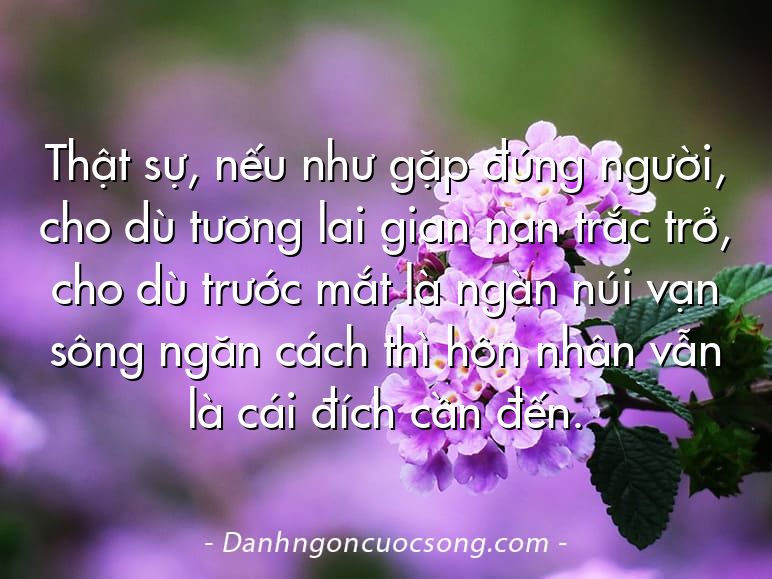 Thật sự, nếu như gặp đúng người, cho dù tương lai gian nan trắc trở, cho dù trước mắt là ngàn núi vạn sông ngăn cách thì hôn nhân vẫn là cái đích cần đến.