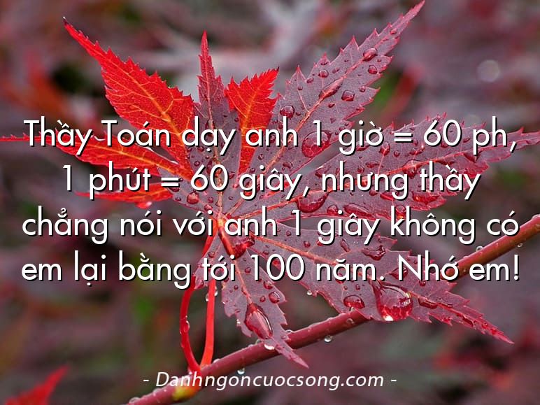 Thầy Toán dạy anh 1 giờ = 60 ph, 1 phút = 60 giây, nhưng thầy chẳng nói với anh 1 giây không có em lại bằng tới 100 năm. Nhớ em!