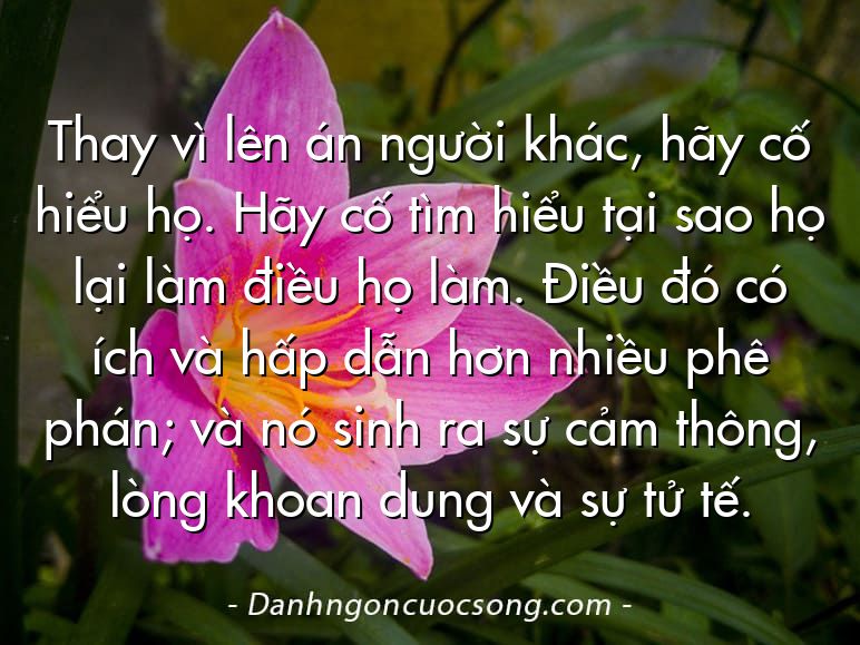 Thay vì lên án người khác, hãy cố hiểu họ. Hãy cố tìm hiểu tại sao họ lại làm điều họ làm. Điều đó có ích và hấp dẫn hơn nhiều phê phán; và nó sinh ra sự cảm thông, lòng khoan dung và sự tử tế.