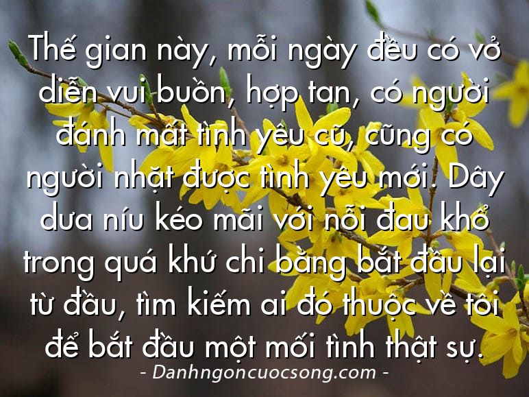 Thế gian này, mỗi ngày đều có vở diễn vui buồn, hợp tan, có người đánh mất tình yêu cũ, cũng có người nhặt được tình yêu mới. Dây dưa níu kéo mãi với nỗi đau khổ trong quá khứ chi bằng bắt đầu lại từ đầu, tìm kiếm ai đó thuộc về tôi để bắt đầu một mối tình thật sự.