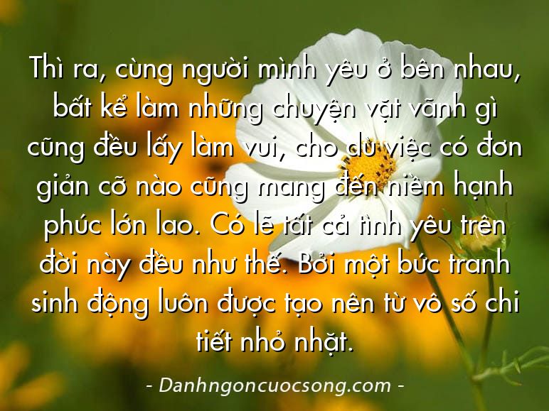 Thì ra, cùng người mình yêu ở bên nhau, bất kể làm những chuyện vặt vãnh gì cũng đều lấy làm vui, cho dù việc có đơn giản cỡ nào cũng mang đến niềm hạnh phúc lớn lao. Có lẽ tất cả tình yêu trên đời này đều như thế. Bởi một bức tranh sinh động luôn được tạo nên từ vô số chi tiết nhỏ nhặt.
