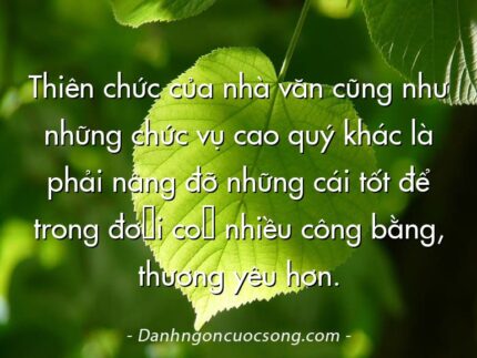 Thiên chức của nhà văn cũng như những chức vụ cao quý khác là phải nâng đỡ những cái tốt để trong đời có nhiều công bằng, thương yêu hơn.