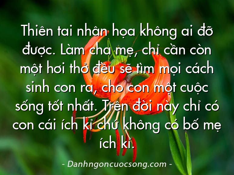 Thiên tai nhân họa không ai đỡ được. Làm cha mẹ, chỉ cần còn một hơi thở đều sẽ tìm mọi cách sinh con ra, cho con một cuộc sống tốt nhất. Trên đời này chỉ có con cái ích kỉ chứ không có bố mẹ ích kỉ.