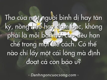 Thơ của một người bình dị hay tân kỳ, nồng hậu hay đạm bạc, không phải là mỗi bài mỗi câu đều hạn chế trong một thể cách. Có thể nào chỉ lấy một cái lông mà định đoạt cả con báo ư?