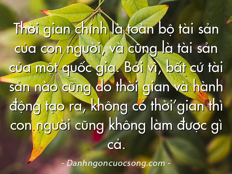 Thời gian chính là toàn bộ tài sản của con người, và cũng là tài sản của một quốc gia. Bởi vì, bất cứ tài sản nào cũng do thời gian và hành động tạo ra, không có thời’gian thì con người cũng không làm được gì cả.