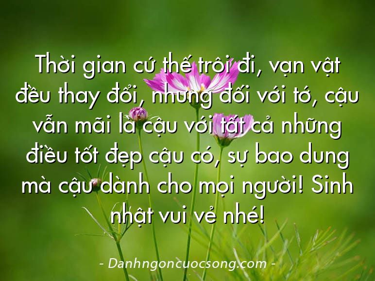 Thời gian cứ thế trôi đi, vạn vật đều thay đổi, nhưng đối với tớ, cậu vẫn mãi là cậu với tất cả những điều tốt đẹp cậu có, sự bao dung mà cậu dành cho mọi người! Sinh nhật vui vẻ nhé!