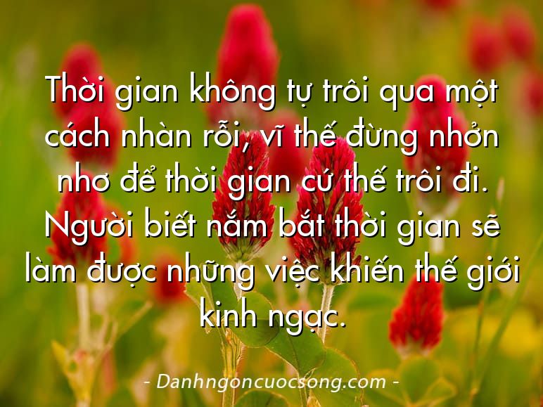 Thời gian không tự trôi qua một cách nhàn rỗi, vĩ thế đừng nhởn nhơ để thời gian cứ thế trôi đi. Người biết nắm bắt thời gian sẽ làm được những việc khiến thế giới kinh ngạc.