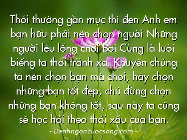 Thói thường gần mực thì đen Anh em bạn hữu phải nên chọn người Những người lêu lổng chơi bời Cùng là lười biếng ta thời tránh xa. Khuyên chúng ta nên chọn bạn mà chơi, hãy chọn những bạn tốt đẹp, chứ đừng chọn những bạn không tốt, sau này ta cũng sẽ học hỏi theo thói xấu của bạn.