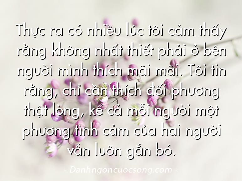 Thực ra có nhiều lúc tôi cảm thấy rằng không nhất thiết phải ở bên người mình thích mãi mãi. Tôi tin rằng, chỉ cần thích đối phương thật lòng, kể cả mỗi người một phương tình cảm của hai người vẫn luôn gắn bó.