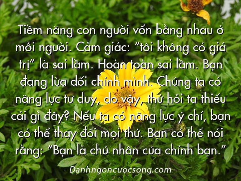 Tiềm năng con người vốn bằng nhau ở mỗi người. Cảm giác: “tôi không có giá trị” là sai lầm. Hoàn toàn sai lầm. Bạn đang lừa dối chính mình. Chúng ta có năng lực tư duy, do vậy, thử hỏi ta thiếu cái gì đây? Nếu ta có năng lực ý chí, bạn có thể thay đổi mọi thứ. Bạn có thể nói rằng: “Bạn là chủ nhân của chính bạn.”