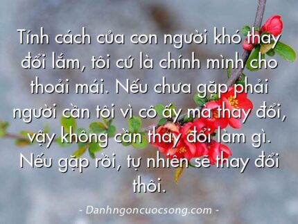 Tính cách của con người khó thay đổi lắm, tôi cứ là chính mình cho thoải mái. Nếu chưa gặp phải người cần tôi vì cô ấy mà thay đổi, vậy không cần thay đổi làm gì. Nếu gặp rồi, tự nhiên sẽ thay đổi thôi.
