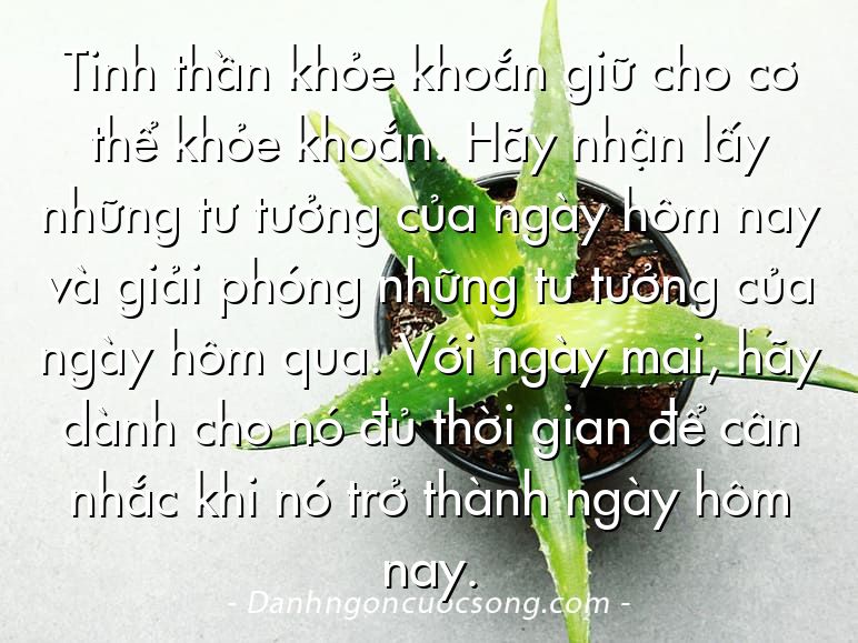Tinh thần khỏe khoắn giữ cho cơ thể khỏe khoắn. Hãy nhận lấy những tư tưởng của ngày hôm nay và giải phóng những tư tưởng của ngày hôm qua. Với ngày mai, hãy dành cho nó đủ thời gian để cân nhắc khi nó trở thành ngày hôm nay.