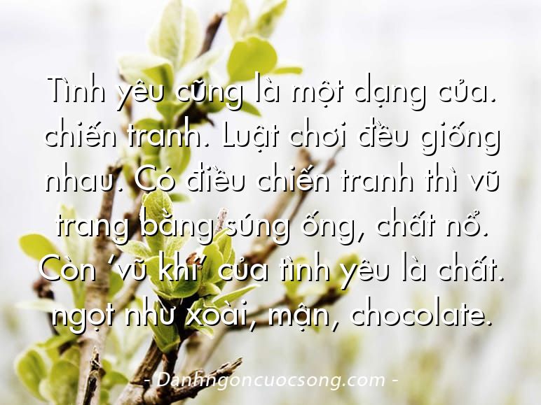 Tình yêu cũng là một dạng của. chiến tranh. Luật chơi đều giống nhau. Có điều chiến tranh thì vũ trang bằng súng ống, chất nổ. Còn ‘vũ khí’ của tình yêu là chất. ngọt như xoài, mận, chocolate.