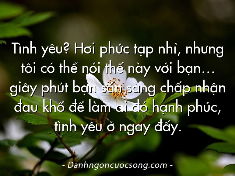 Tình yêu? Hơi phức tạp nhỉ, nhưng tôi có thể nói thế này với bạn… giây phút bạn sẵn sàng chấp nhận đau khổ để làm ai đó hạnh phúc, tình yêu ở ngay đấy.