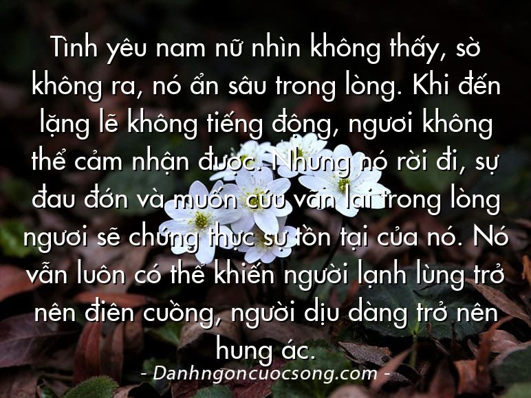 Tình yêu nam nữ nhìn không thấy, sờ không ra, nó ẩn sâu trong lòng. Khi đến lặng lẽ không tiếng động, ngươi không thể cảm nhận được. Nhưng nó rời đi, sự đau đớn và muốn cứu vãn lại trong lòng ngươi sẽ chứng thực sự tồn tại của nó. Nó vẫn luôn có thể khiến người lạnh lùng trở nên điên cuồng, người dịu dàng trở nên hung ác.