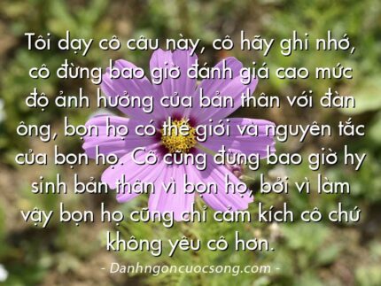 Tôi dạy cô câu này, cô hãy ghi nhớ, cô đừng bao giờ đánh giá cao mức độ ảnh hưởng của bản thân với đàn ông, bọn họ có thế giới và nguyên tắc của bọn họ. Cô cũng đừng bao giờ hy sinh bản thân vì bọn họ, bởi vì làm vậy bọn họ cũng chỉ cảm kích cô chứ không yêu cô hơn.