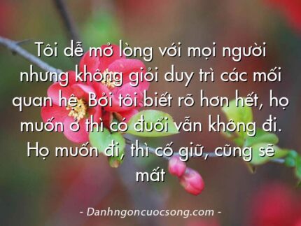 Tôi dễ mở lòng với mọi người nhưng không giỏi duy trì các mối quan hệ. Bởi tôi biết rõ hơn hết, họ muốn ở thì có đuổi vẫn không đi. Họ muốn đi, thì cố giữ, cũng sẽ mất