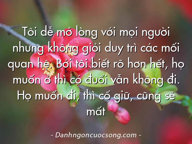 Tôi dễ mở lòng với mọi người nhưng không giỏi duy trì các mối quan hệ. Bởi tôi biết rõ hơn hết, họ muốn ở thì có đuổi vẫn không đi. Họ muốn đi, thì cố giữ, cũng sẽ mất