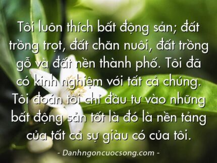Tôi luôn thích bất động sản; đất trồng trọt, đất chăn nuôi, đất trồng gỗ và đất nền thành phố. Tôi đã có kinh nghiệm với tất cả chúng. Tôi đoán tôi chỉ đầu tư vào những bất động sản tốt là đó là nền tảng của tất cả sự giàu có của tôi.