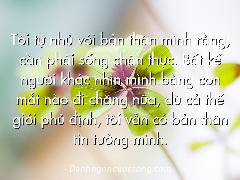 Tôi tự nhủ với bản thân mình rằng, cần phải sống chân thực. Bất kể người khác nhìn mình bằng con mắt nào đi chăng nữa, dù cả thế giới phủ định, tôi vẫn có bản thân tin tưởng mình.