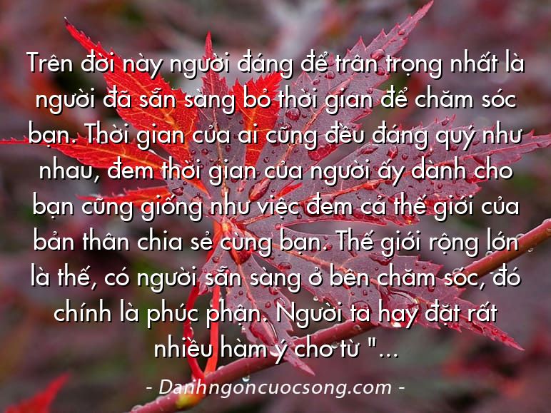 Trên đời này người đáng để trân trọng nhất là người đã sẵn sàng bỏ thời gian để chăm sóc bạn. Thời gian của ai cũng đều đáng quý như nhau, đem thời gian của người ấy dành cho bạn cũng giống như việc đem cả thế giới của bản thân chia sẻ cùng bạn. Thế giới rộng lớn là thế, có người sẵn sàng ở bên chăm sóc, đó chính là phúc phận. Người ta hay đặt rất nhiều hàm ý cho từ "yêu", thế nhưng thật ra ý nghĩa của nó rất đơn giản: một người, cho tận đến những giây phút cuối cùng cũng không bỏ bạn mà đi.
