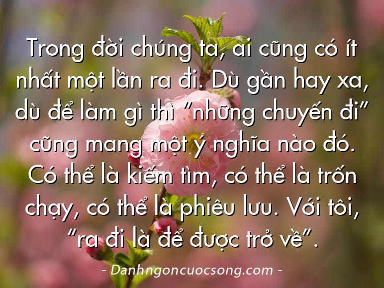 Trong đời chúng ta, ai cũng có ít nhất một lần ra đi. Dù gần hay xa, dù để làm gì thì “những chuyến đi” cũng mang một ý nghĩa nào đó. Có thể là kiếm tìm, có thể là trốn chạy, có thể là phiêu lưu. Với tôi, “ra đi là để được trở về”.