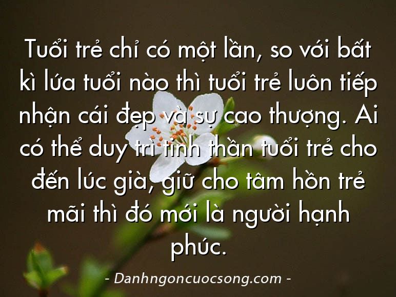 Tuổi trẻ chỉ có một lần, so với bất kì lứa tuổi nào thì tuổi trẻ luôn tiếp nhận cái đẹp và sự cao thượng. Ai có thể duy trì tinh thần tuổi trẻ cho đến lúc già, giữ cho tâm hồn trẻ mãi thì đó mới là người hạnh phúc.