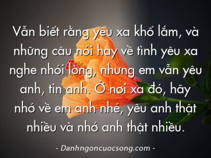 Vẫn biết rằng yêu xa khổ lắm, và những câu nói hay về tình yêu xa nghe nhói lòng, nhưng em vẫn yêu anh, tin anh. Ở nơi xa đó, hãy nhớ về em anh nhé, yêu anh thật nhiều và nhớ anh thật nhiều.