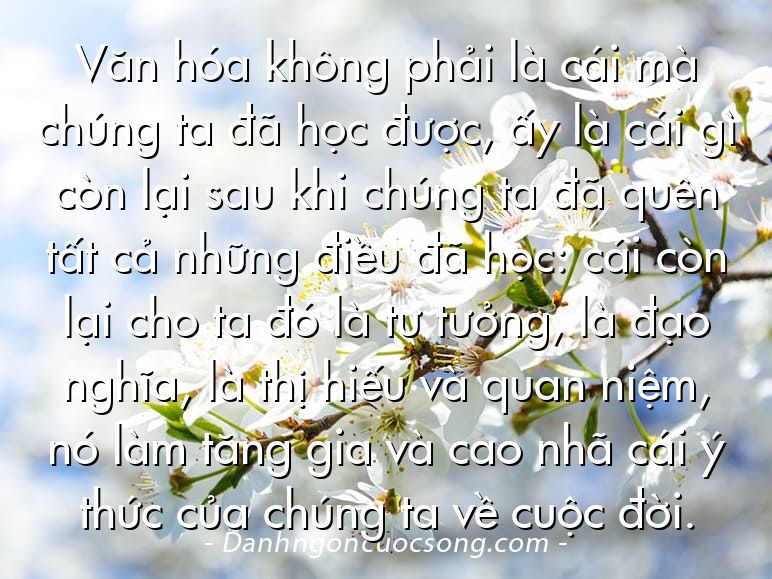 Văn hóa không phải là cái mà chúng ta đã học được, ấy là cái gì còn lại sau khi chúng ta đã quên tất cả những điều đã học: cái còn lại cho ta đó là tư tưởng, là đạo nghĩa, là thị hiếu và quan niệm, nó làm tăng gia và cao nhã cái ý thức của chúng ta về cuộc đời.