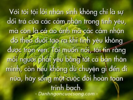 Với tôi tội lỗi nhân sinh không chỉ là sự dối trá của các cảm nhận trong tình yêu, mà còn là cả ảo ảnh mà các cảm nhận đó theo đuổi tạo ra khi tình yêu không được trọn vẹn. Tôi muốn nói, tôi tin rằng mỗi người phải yêu bằng tất cả bản thân mình, còn nếu không dù chuyện gì đến đi nữa, hãy sống một cuộc đời hoàn toàn trinh bạch.