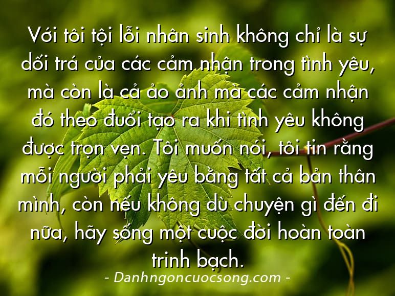 Với tôi tội lỗi nhân sinh không chỉ là sự dối trá của các cảm nhận trong tình yêu, mà còn là cả ảo ảnh mà các cảm nhận đó theo đuổi tạo ra khi tình yêu không được trọn vẹn. Tôi muốn nói, tôi tin rằng mỗi người phải yêu bằng tất cả bản thân mình, còn nếu không dù chuyện gì đến đi nữa, hãy sống một cuộc đời hoàn toàn trinh bạch.