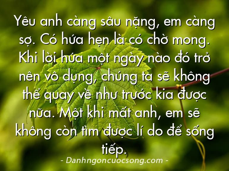 Yêu anh càng sâu nặng, em càng sợ. Có hứa hẹn là có chờ mong. Khi lời hứa một ngày nào đó trở nên vô dụng, chúng ta sẽ không thể quay về như trước kia được nữa. Một khi mất anh, em sẽ không còn tìm được lí do để sống tiếp.