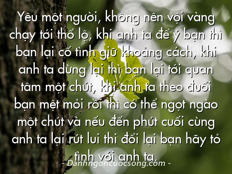 Yêu một người, không nên vội vàng chạy tới thổ lộ, khi anh ta để ý bạn thì bạn lại cố tình giữ khoảng cách, khi anh ta dừng lại thì bạn lại tới quan tâm một chút, khi anh ta theo đuổi bạn mệt mỏi rồi thì có thể ngọt ngào một chút và nếu đến phút cuối cùng anh ta lại rút lui thi đổi lại bạn hãy tỏ tình với anh ta.