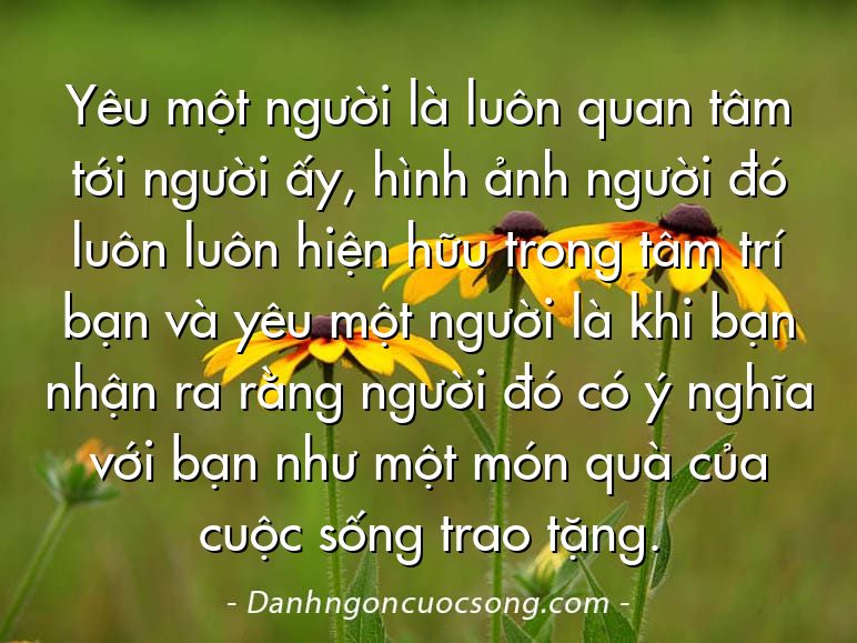 Yêu một người là luôn quan tâm tới người ấy, hình ảnh người đó luôn luôn hiện hữu trong tâm trí bạn và yêu một người là khi bạn nhận ra rằng người đó có ý nghĩa với bạn như một món quà của cuộc sống trao tặng.