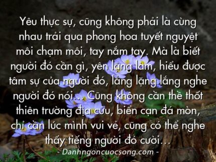 Yêu thực sự, cũng không phải là cùng nhau trải qua phong hoa tuyết nguyệt môi chạm môi, tay nắm tay. Mà là biết người đó cần gì, yên lặng làm, hiểu được tâm sự của người đó, lẳng lặng lắng nghe người đó nói… Cũng không cần thề thốt thiên trường địa cửu, biển cạn đá mòn, chỉ cần lúc mình vui vẻ, cũng có thể nghe thấy tiếng người đó cười…