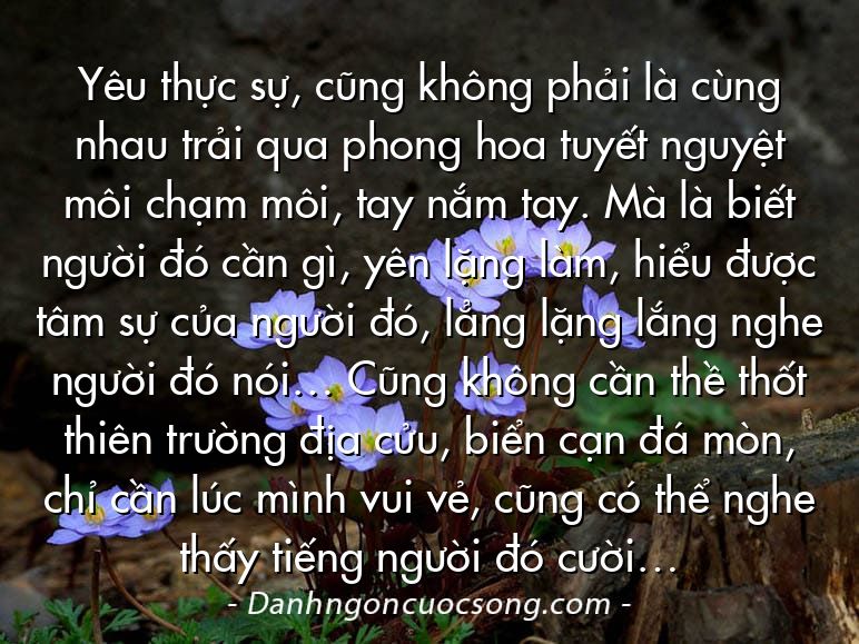 Yêu thực sự, cũng không phải là cùng nhau trải qua phong hoa tuyết nguyệt môi chạm môi, tay nắm tay. Mà là biết người đó cần gì, yên lặng làm, hiểu được tâm sự của người đó, lẳng lặng lắng nghe người đó nói… Cũng không cần thề thốt thiên trường địa cửu, biển cạn đá mòn, chỉ cần lúc mình vui vẻ, cũng có thể nghe thấy tiếng người đó cười…