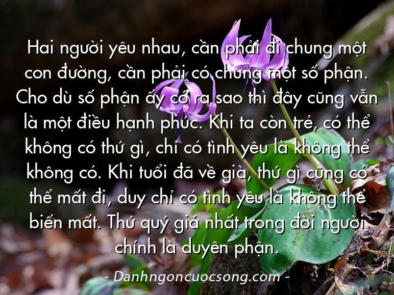 Hai người yêu nhau, cần phải đi chung một con đường, cần phải có chung một số phận. Cho dù số phận ấy có ra sao thì đây cũng vẫn là một điều hạnh phúc. Khi ta còn trẻ, có thể không có thứ gì, chỉ có tình yêu là không thể không có. Khi tuổi đã về già, thứ gì cũng có thể mất đi, duy chỉ có tình yêu là không thể biến mất. Thứ quý giá nhất trong đời người chính là duyên phận.