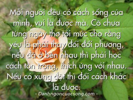 Mỗi người đều có cách sống của mình, vui là được mà. Cô chưa từng ngây thơ tới mức cho rằng yêu là phải thay đổi đối phương, nếu đã ở bên nhau thì phải học cách tôn trọng, thích ứng với nhau. Nếu có xung đột thì đổi cách khác là được.