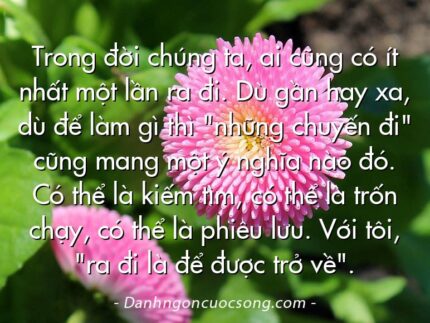 Trong đời chúng ta, ai cũng có ít nhất một lần ra đi. Dù gần hay xa, dù để làm gì thì "những chuyến đi" cũng mang một ý nghĩa nào đó. Có thể là kiếm tìm, có thể là trốn chạy, có thể là phiêu lưu. Với tôi, "ra đi là để được trở về".