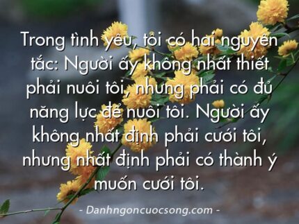Trong tình yêu, tôi có hai nguyên tắc: Người ấy không nhất thiết phải nuôi tôi, nhưng phải có đủ năng lực để nuôi tôi. Người ấy không nhất định phải cưới tôi, nhưng nhất định phải có thành ý muốn cưới tôi.